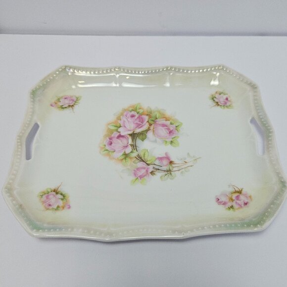 Antique 1914-1922 Signed P.K. Silesia 10"x8" Porcelain Serving Tray Pink Roses - Picture 1 of 6
